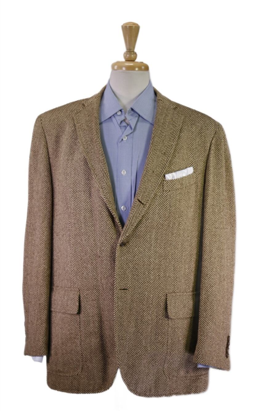 Polo Ralph Lauren Brown Tan Herringbone 100% Silk Patch Pocket Blazer Jacket 46R